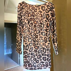 Cheetah print sequins, long sleeve, low hack dress, new, tags on